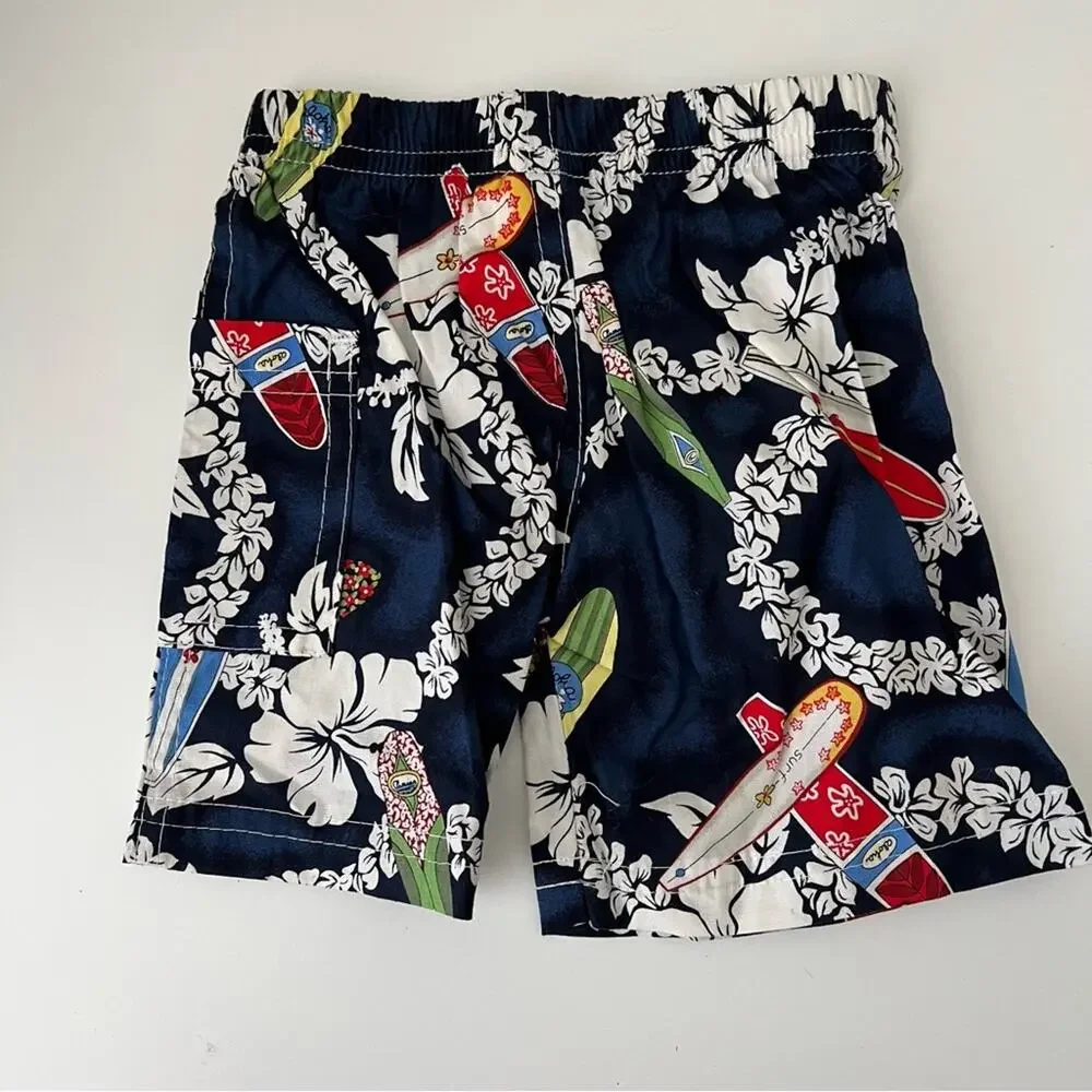 Giggle Surf navy blue Hawaiian floral surfboard print cotton shorts